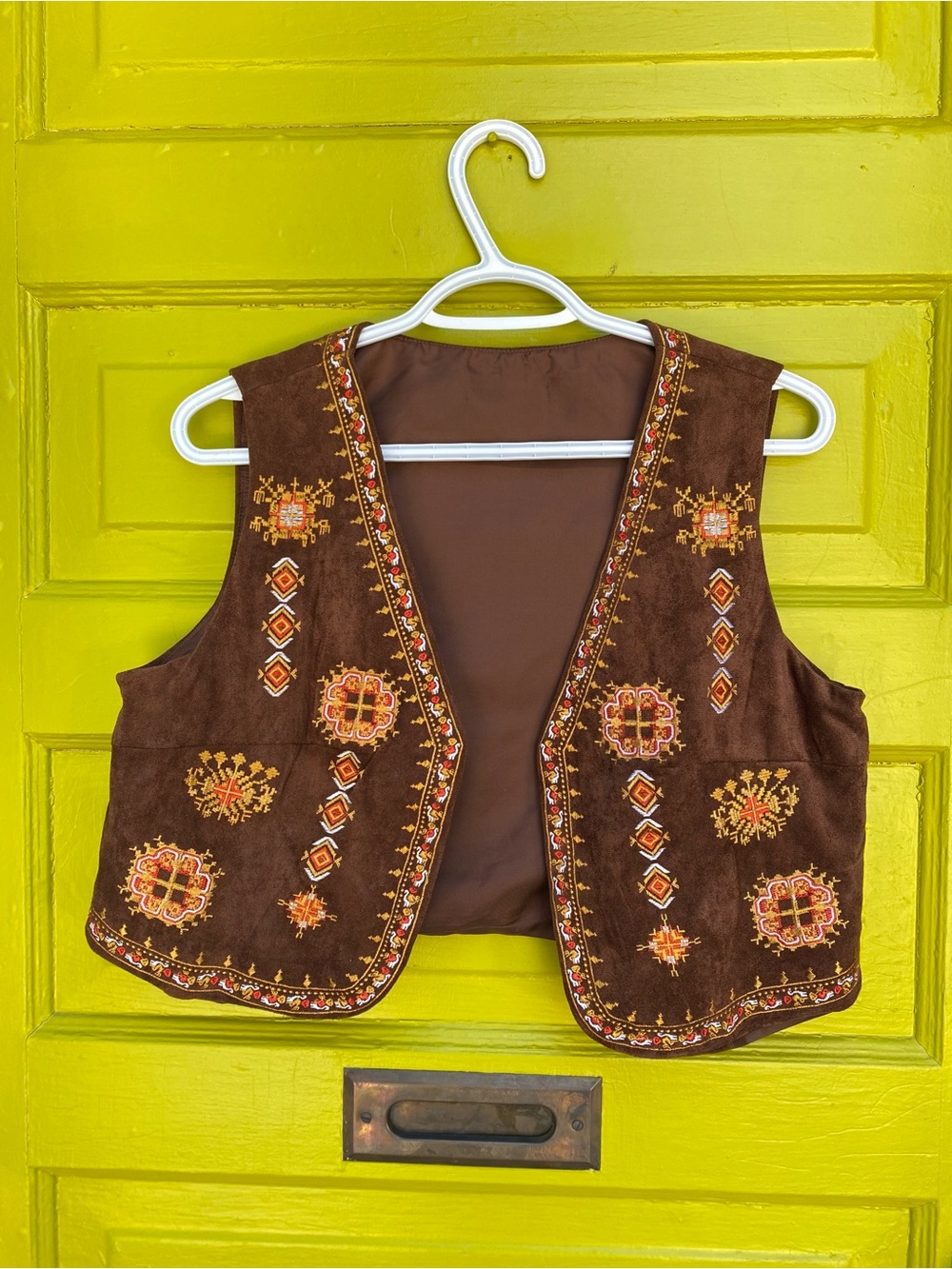 Embroidered Brown Suede Vest with Orange & Gold Accents